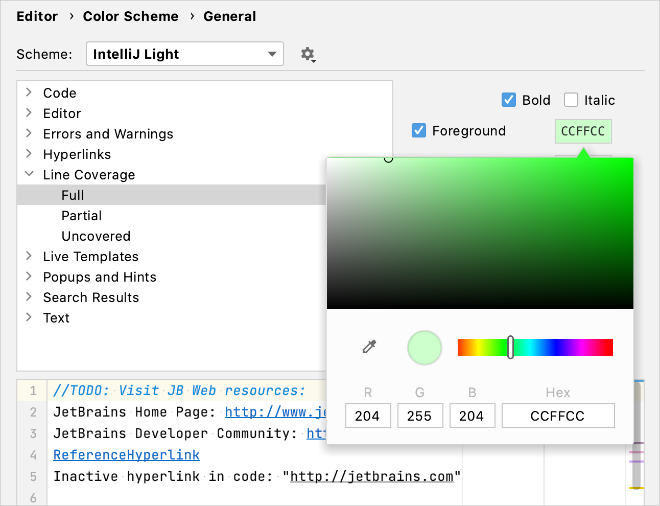 Configure code coverage colors