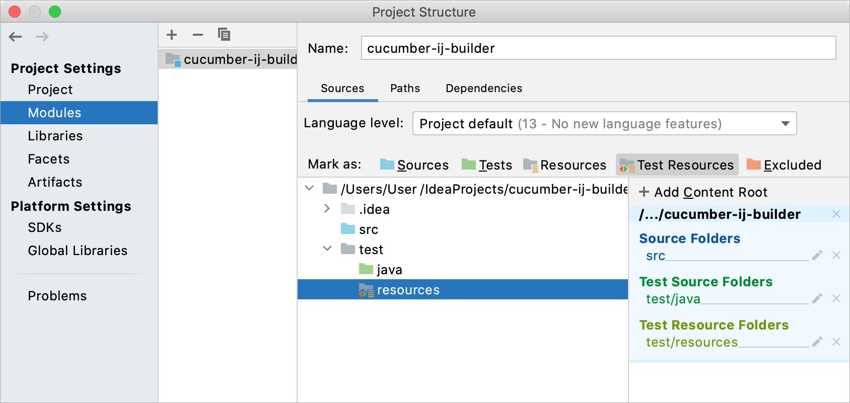 Test Resources Root created in the Project Strucuture dilaog