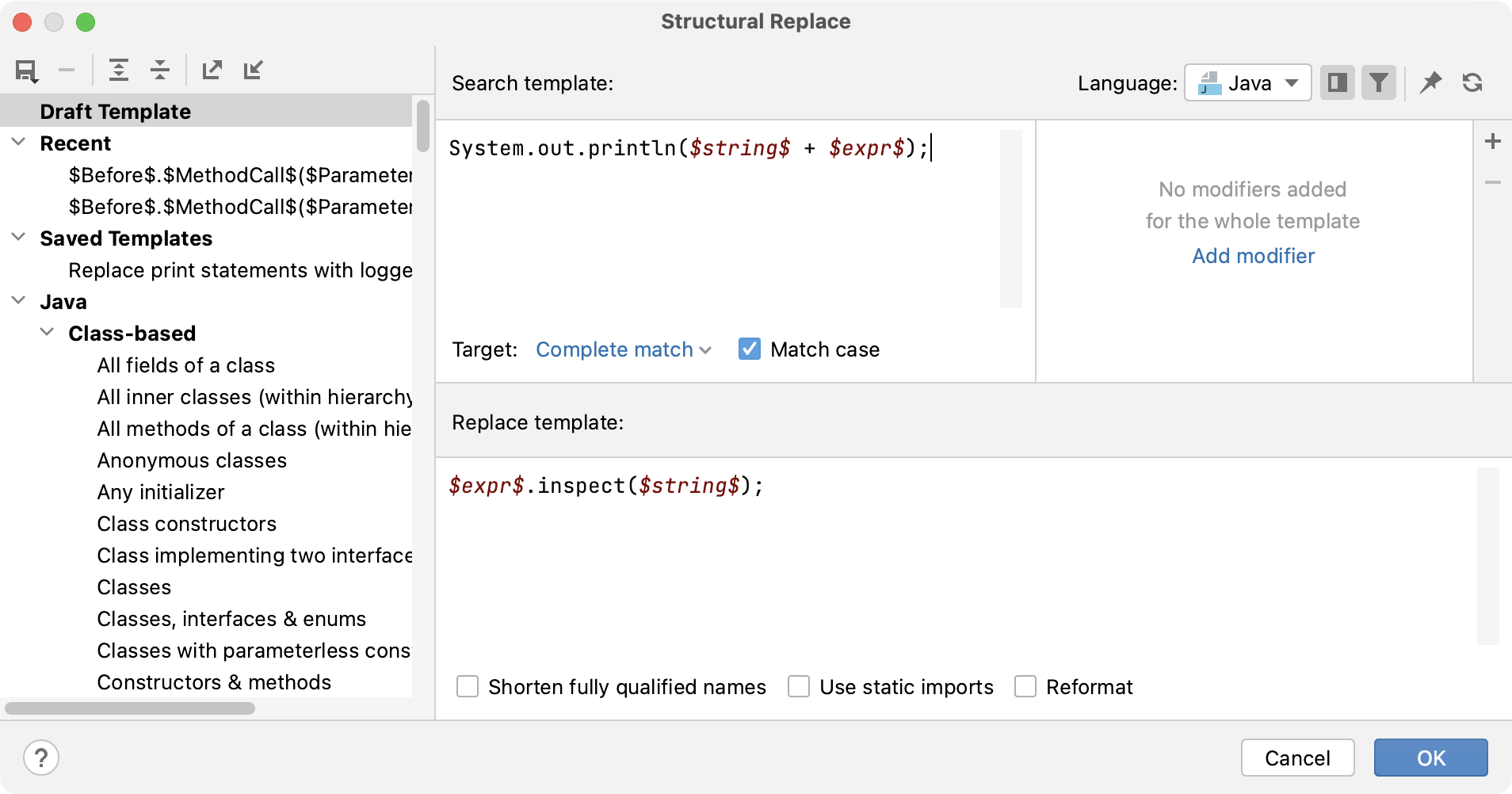 The Structural Replace dialog