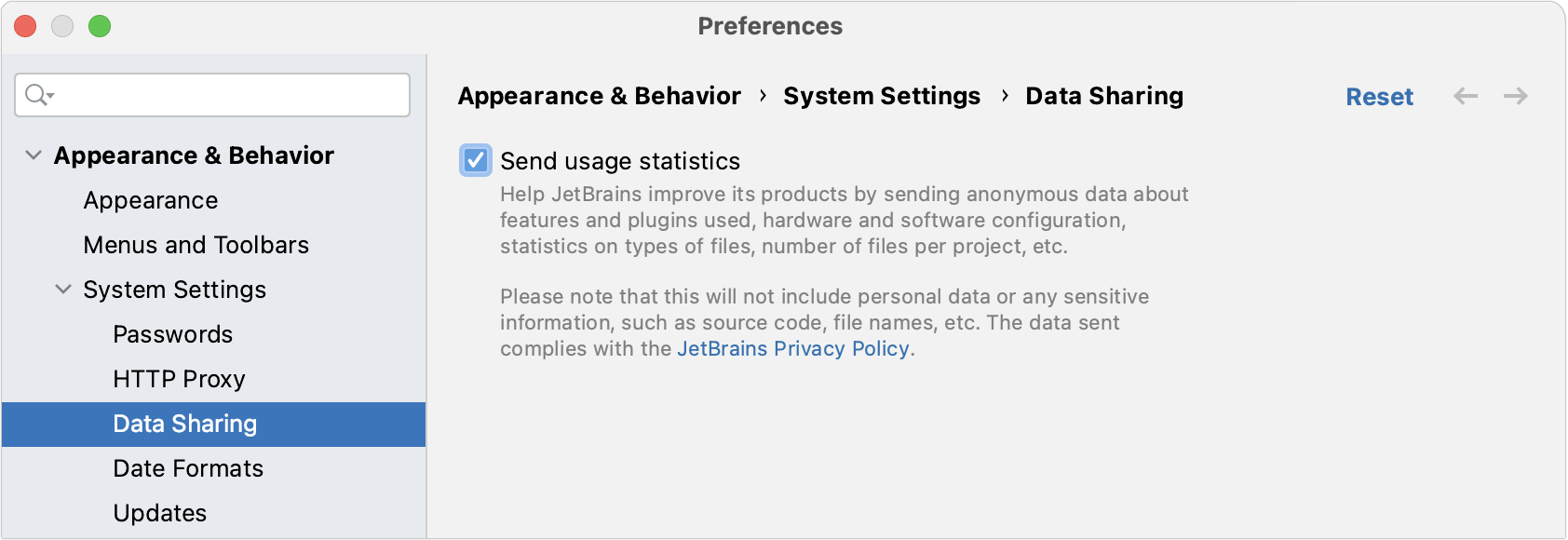 the Data Sharing dialog