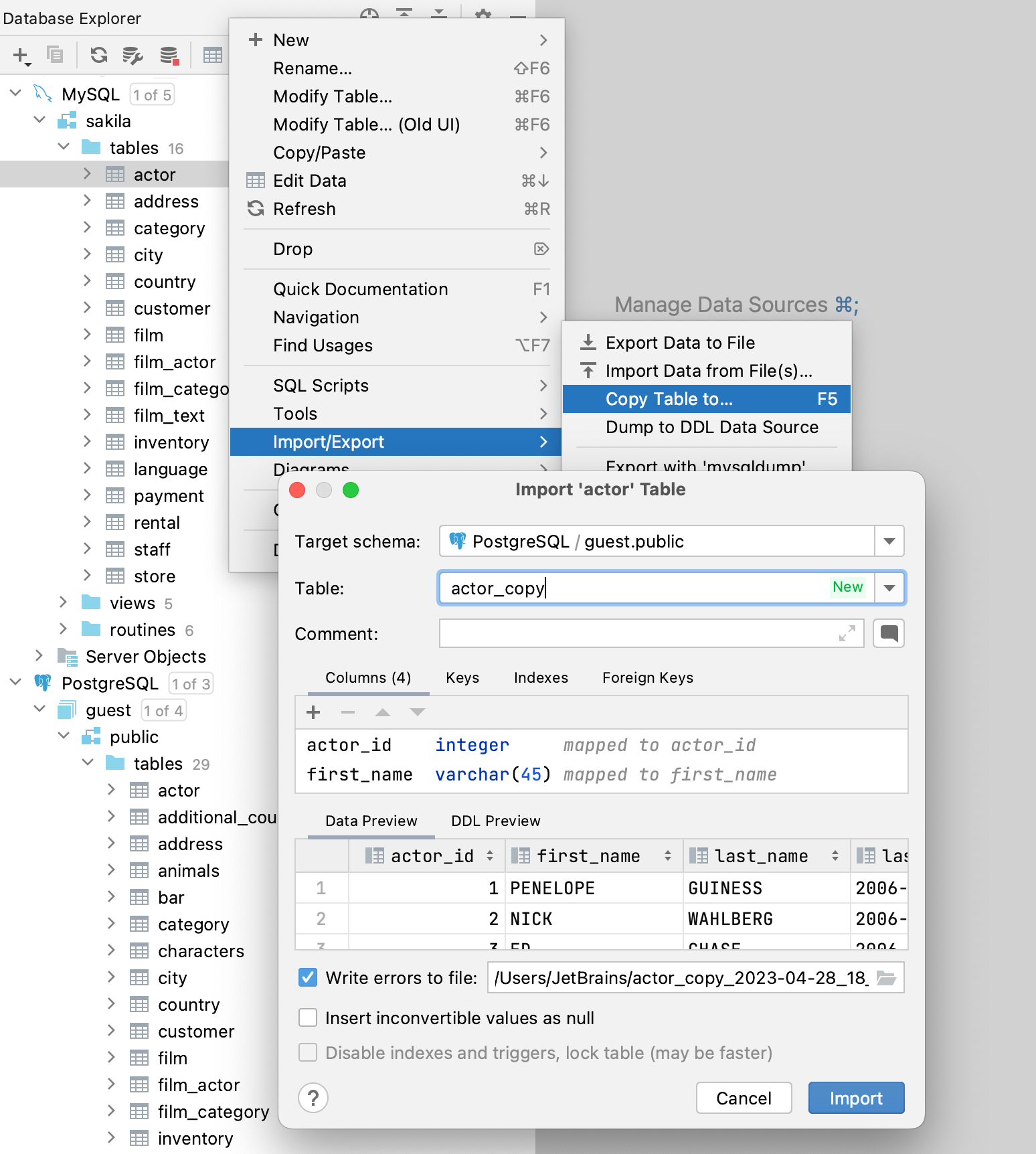 Use context menu to create a table copy