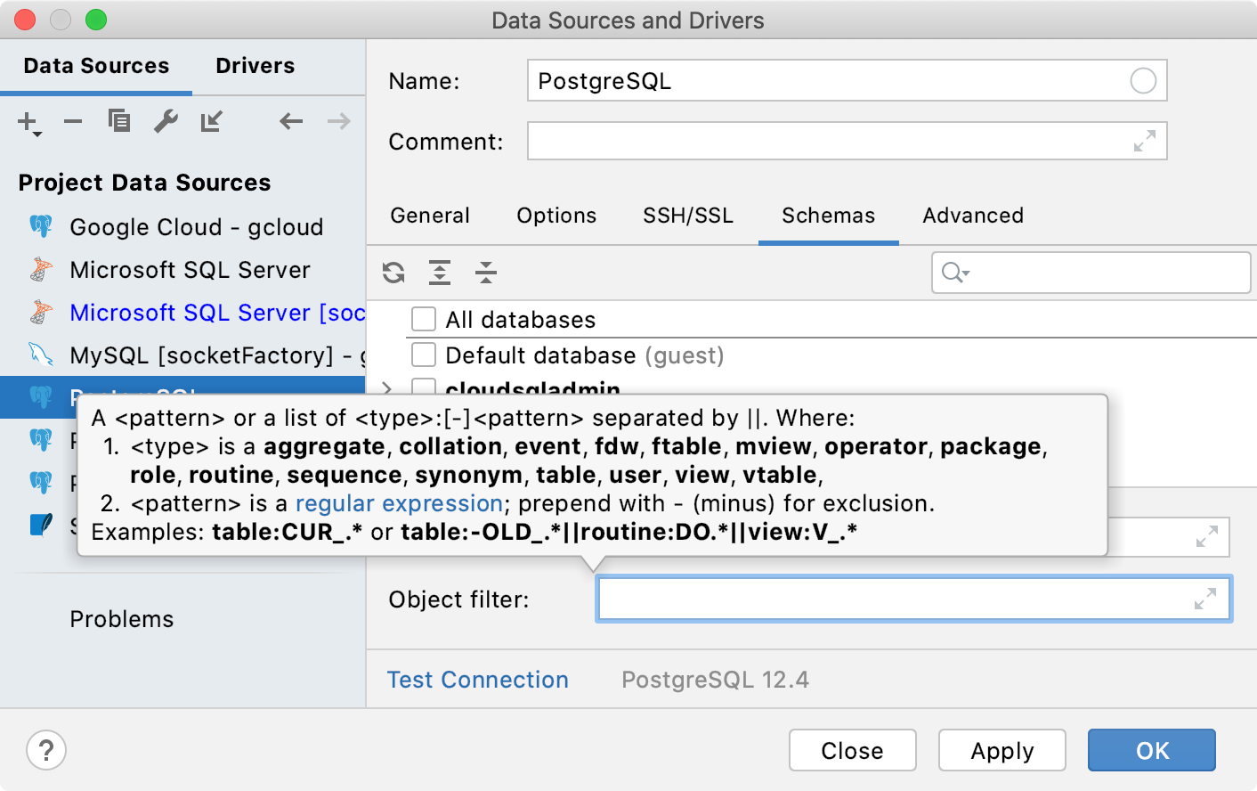 The Object Filter field in data source options