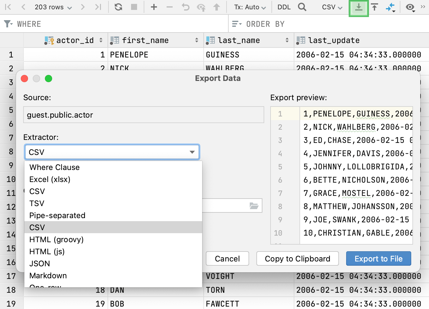 Export data from the editor