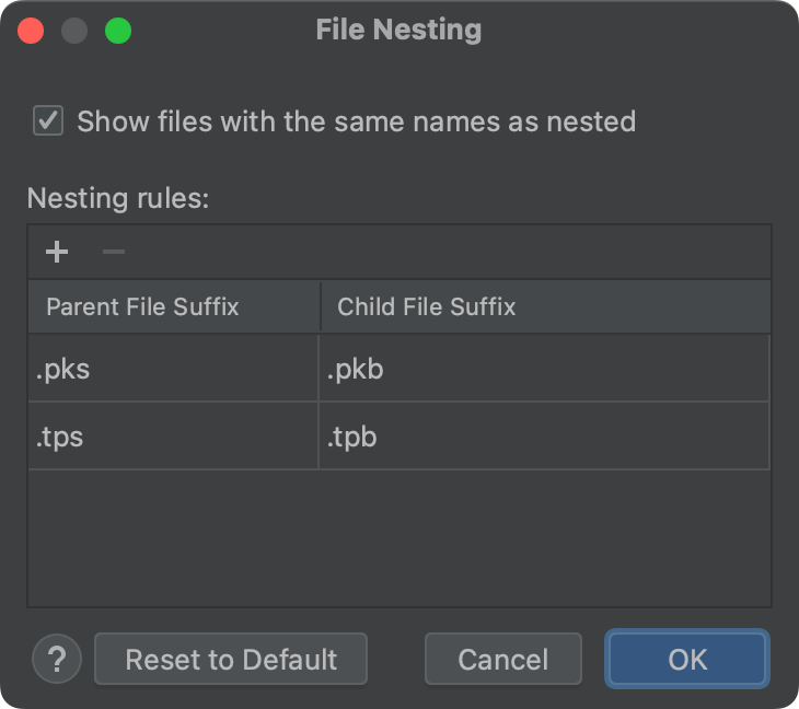 File nesting rules datagrip documentation