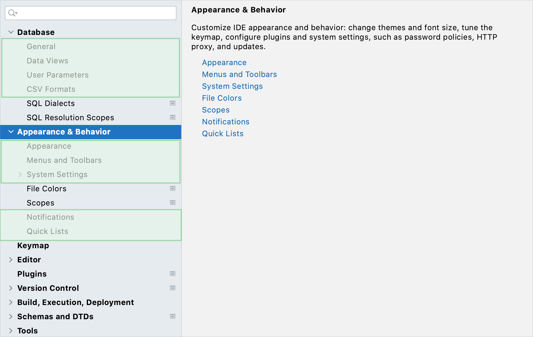 Global settings marked in the Settings dialog