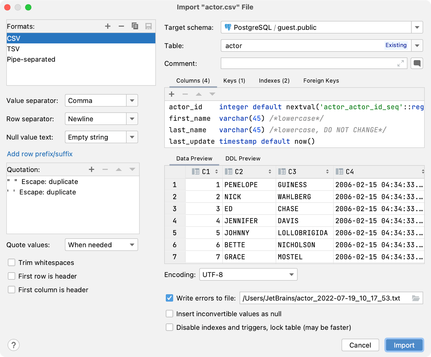 Import delimiter-separated values into a database