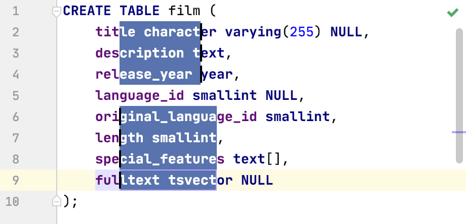 DataGrip: Selecting multiple rectangular fragments of text with the mouse