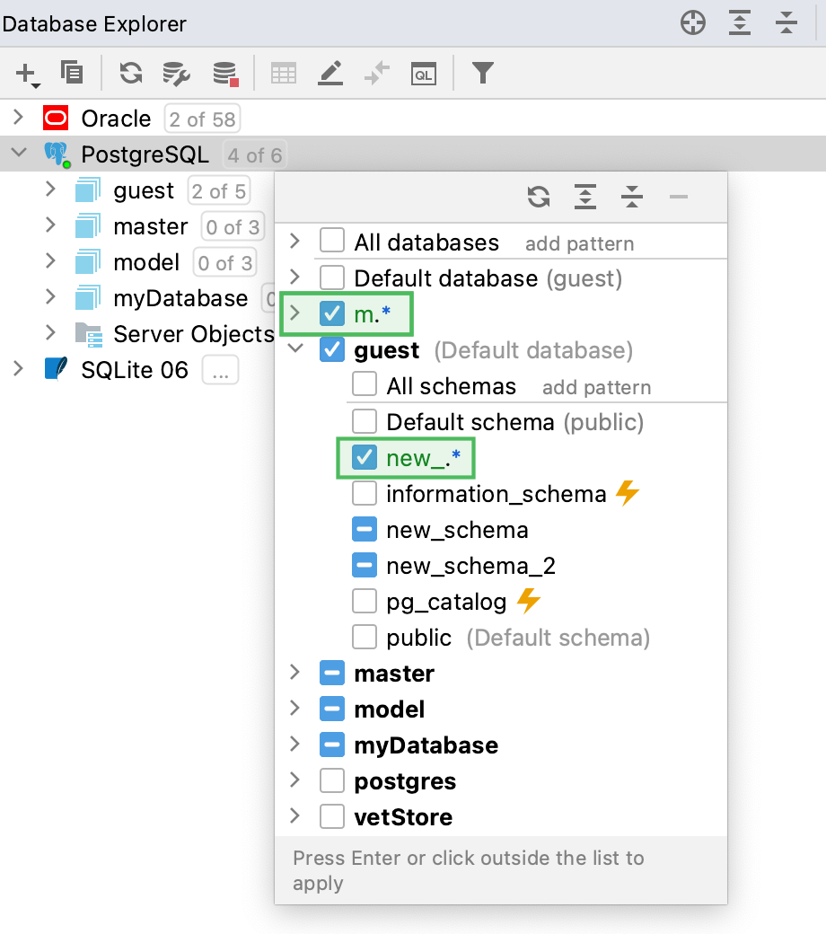 Regular expressions in pattern-based schema filter