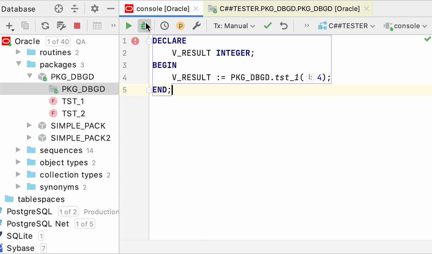 Debug PL/SQL program objects through anonymous blocks