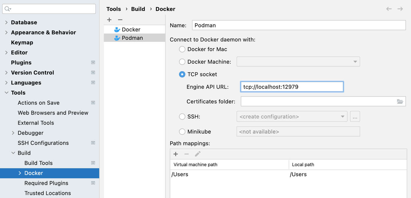 Docker connection for Podman API service