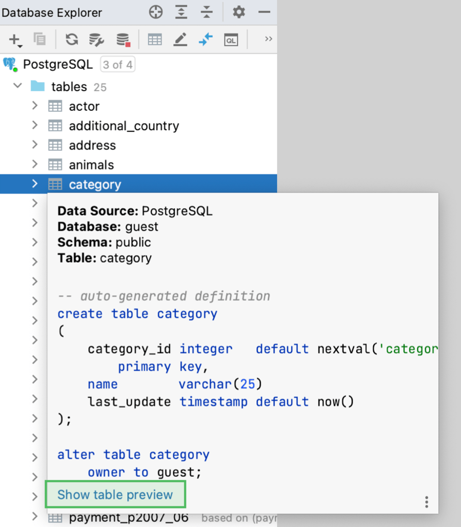 PostgreSQL and MySQL table size in Quick Documentation popup