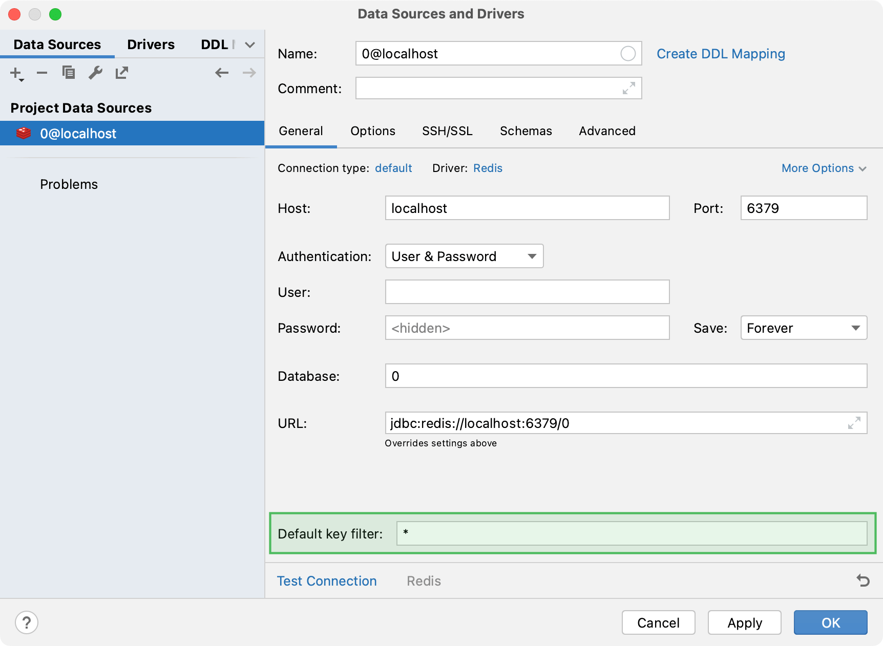 the Default key filter setting