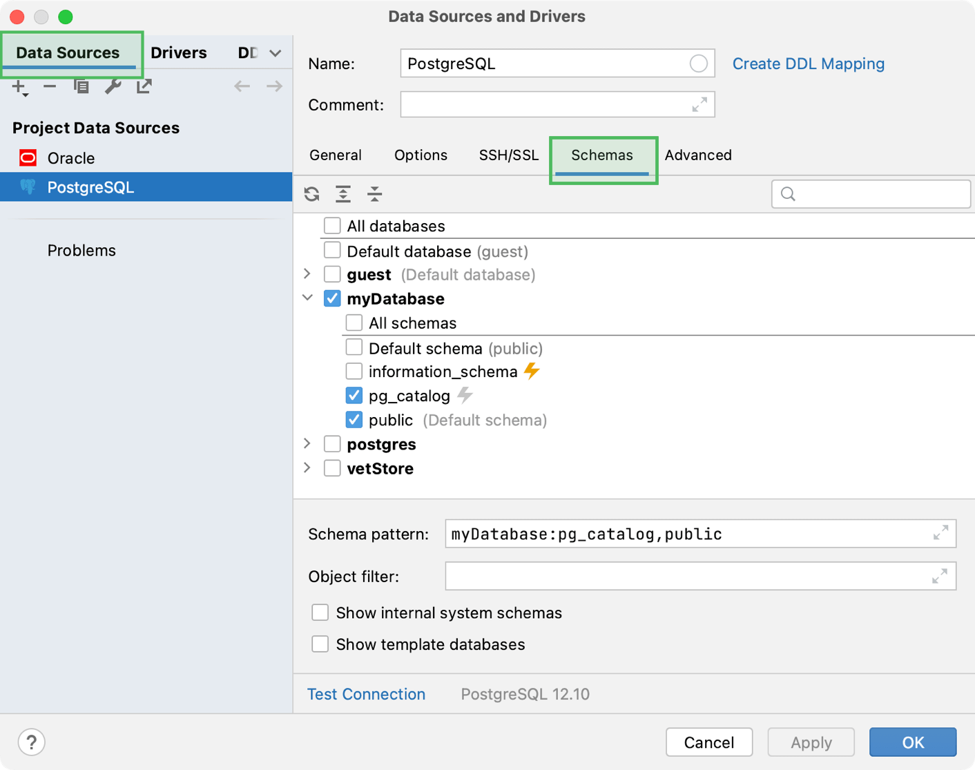 Select schemas or databases in data source properties