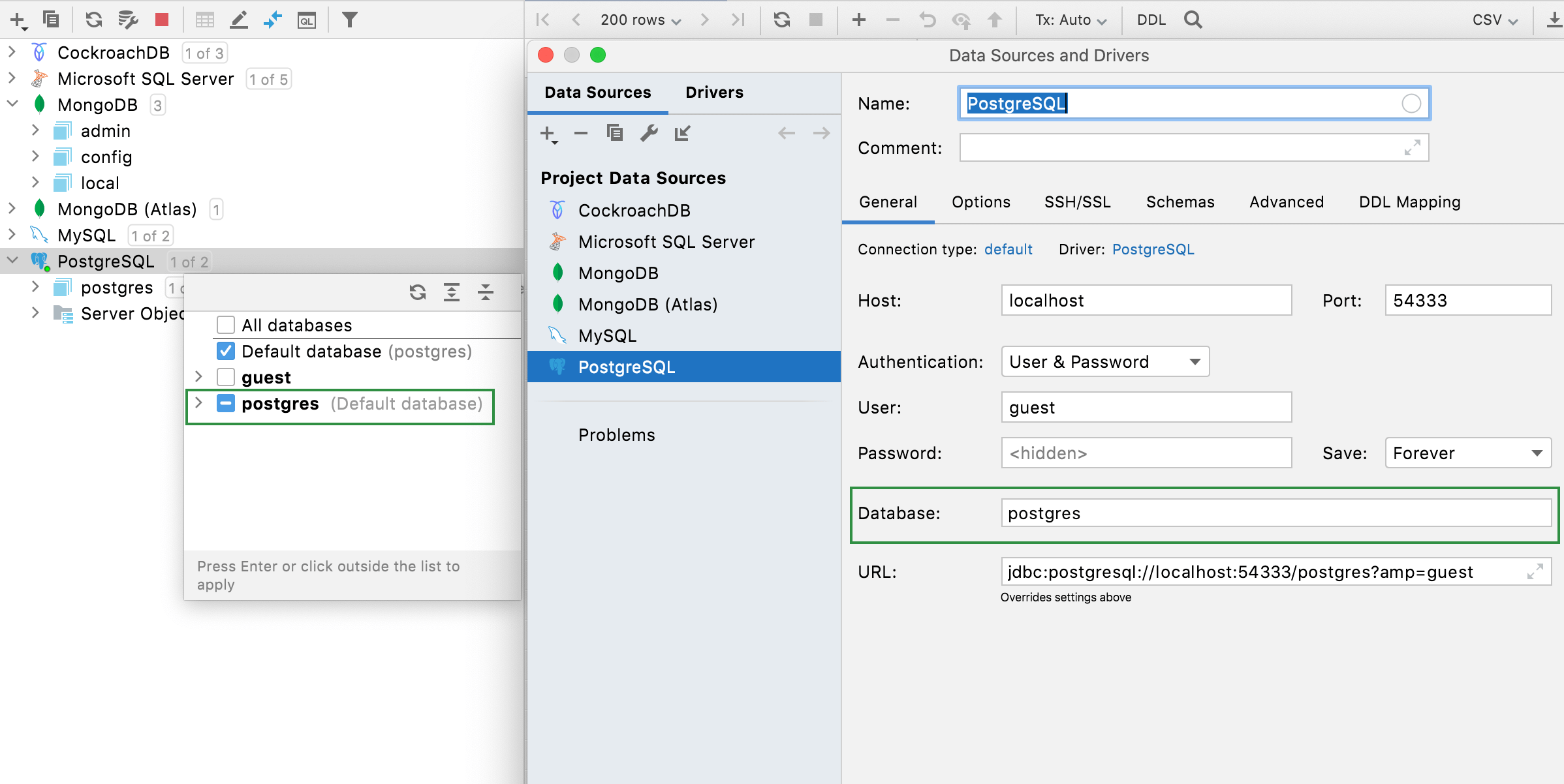 Select the default schema or database