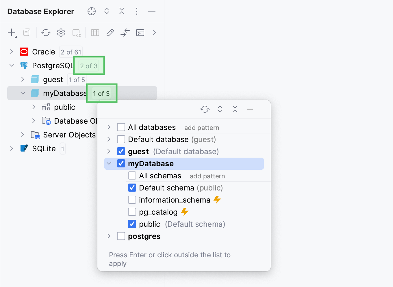 Show and hide schemas and databases