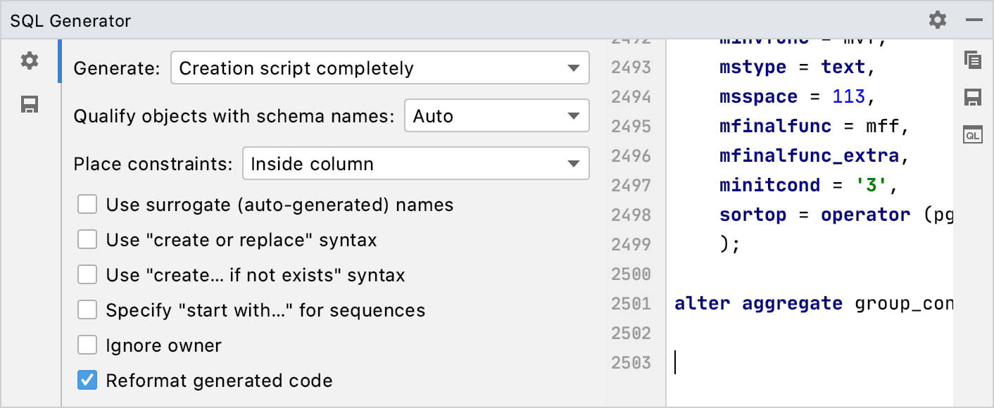 Generate DDL definitions for database objects