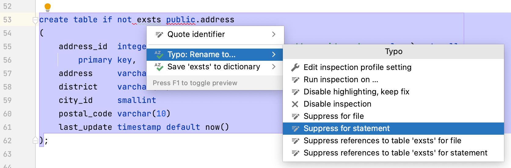 How to suppress the Typo inspection