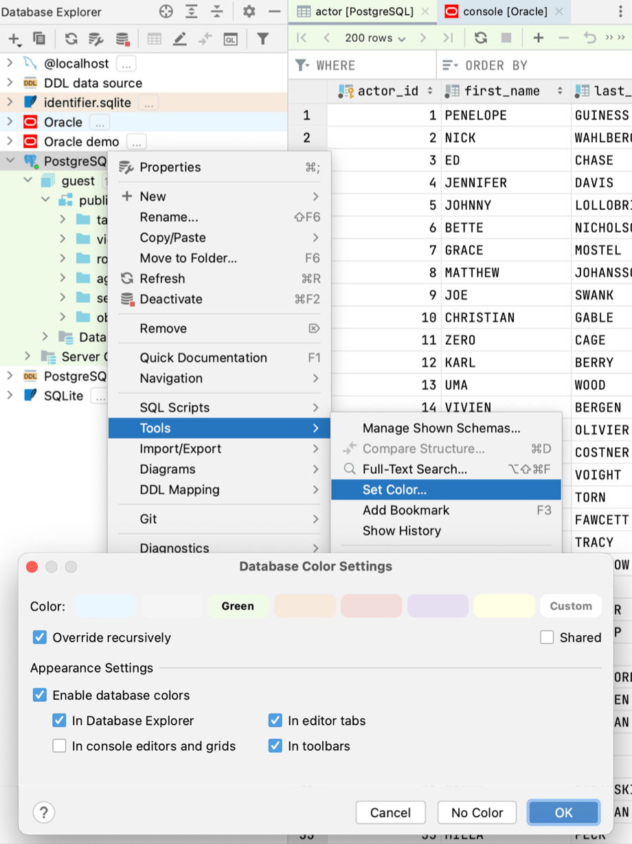 Database Explorer uses the color of the data source