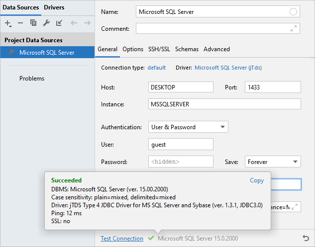 Connect to MS SQL server | IntelliJ IDEA Documentation