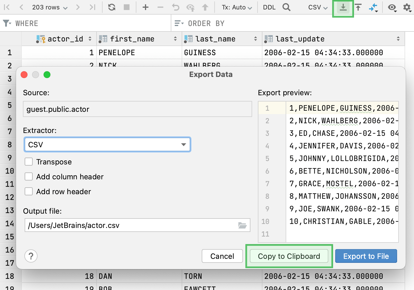 Export data to the clipboard