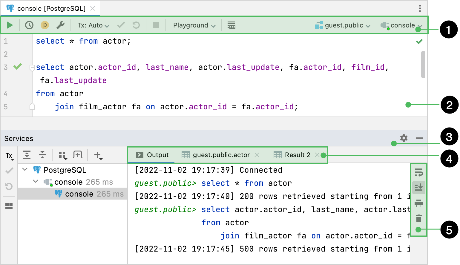 Query console with an active Output tab of Services tool window