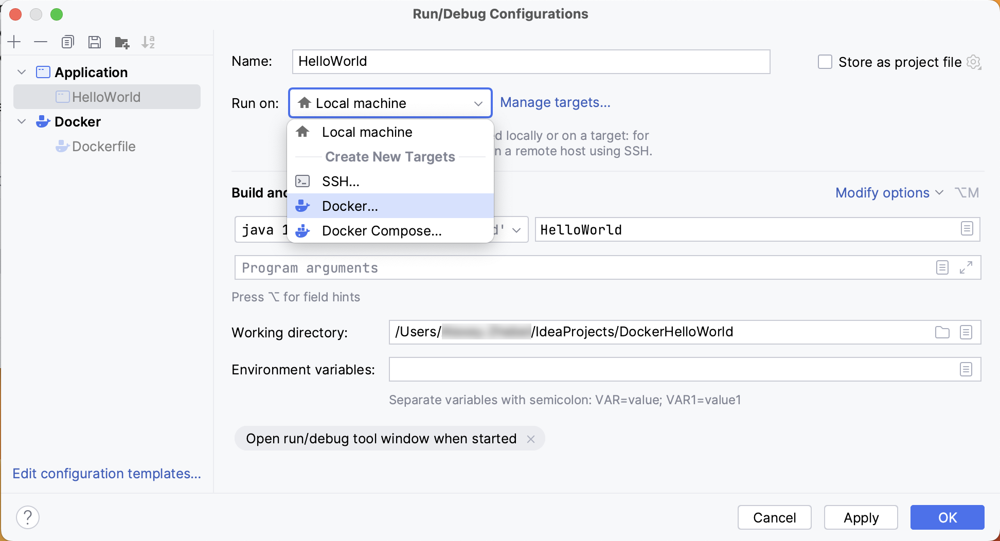 Add a Docker run target to run configuration