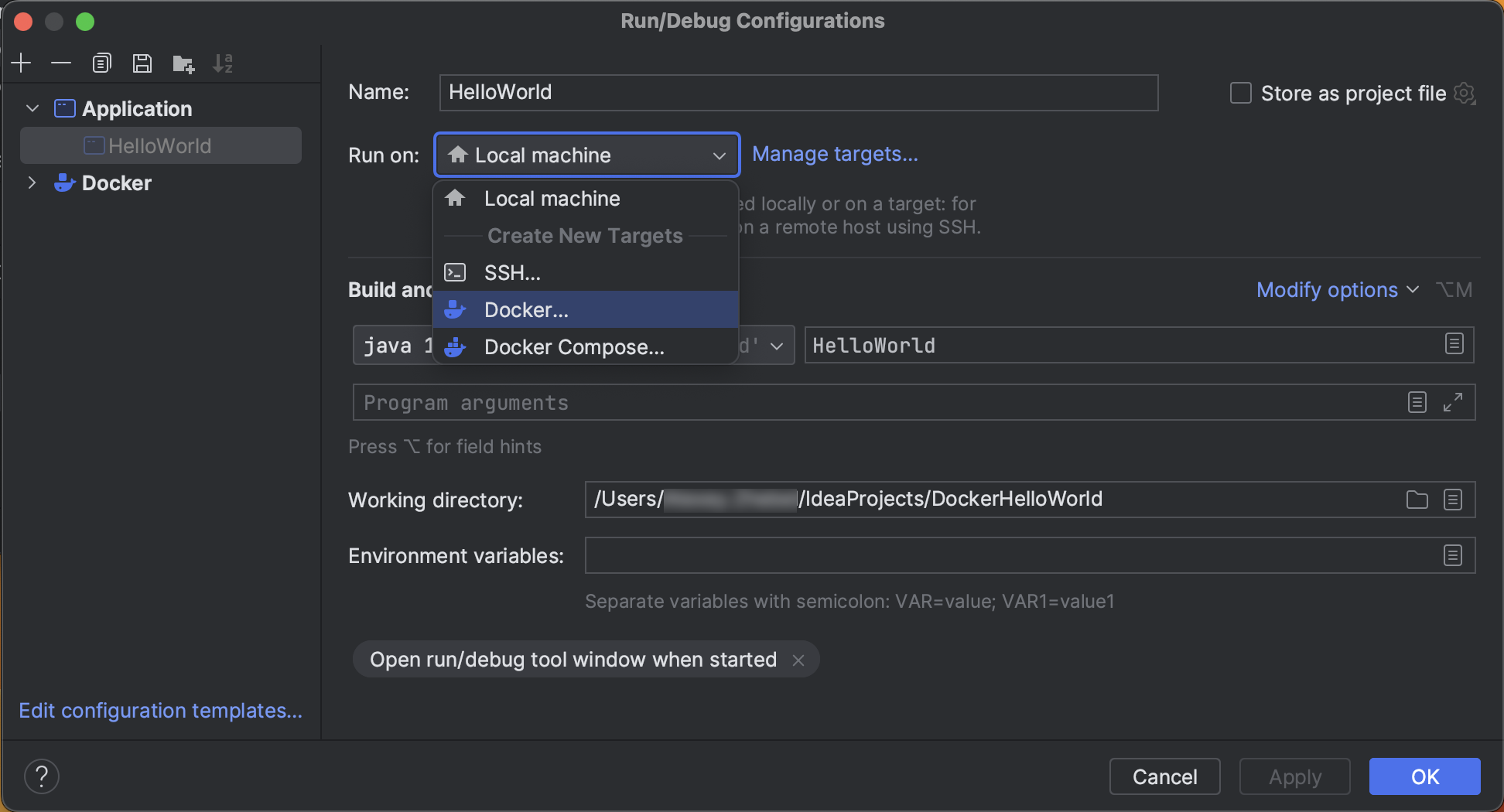 Add a Docker run target to run configuration