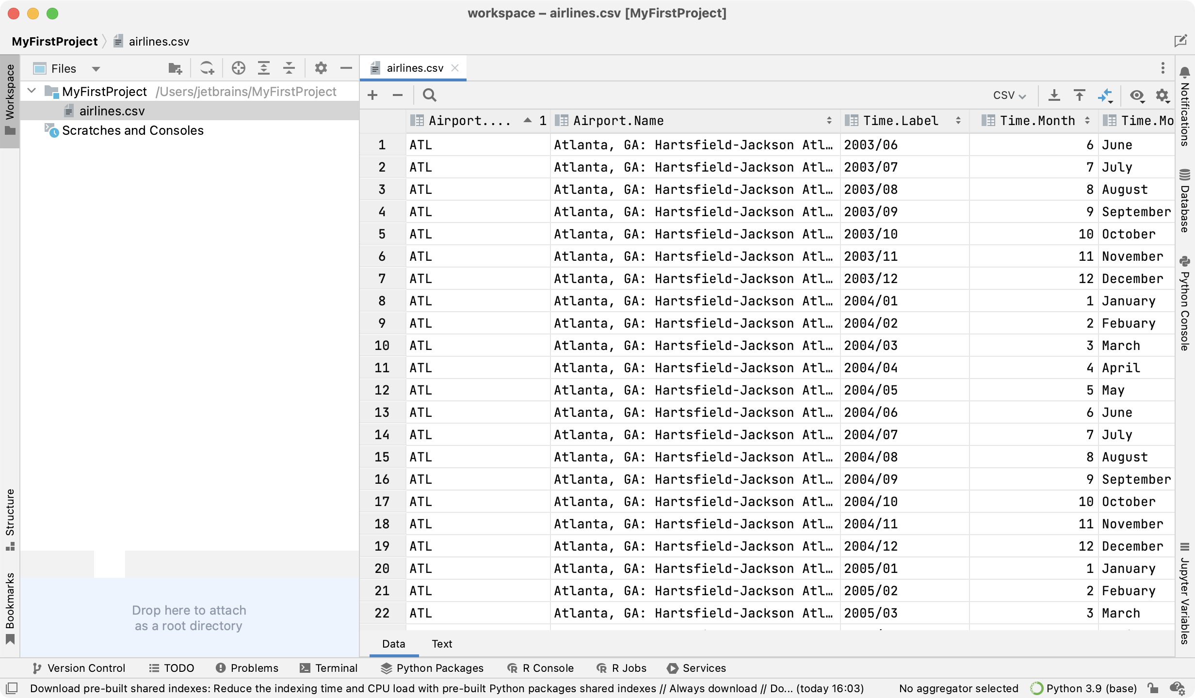 Viewing airlines.csv in the editor