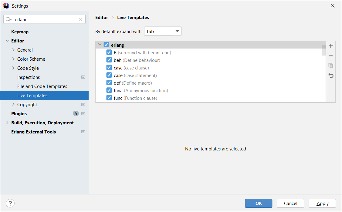 Erlang Live Template Settings