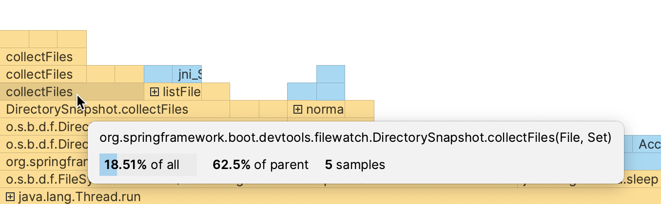 A tooltip with details appears on hovering a frame in the flame graph