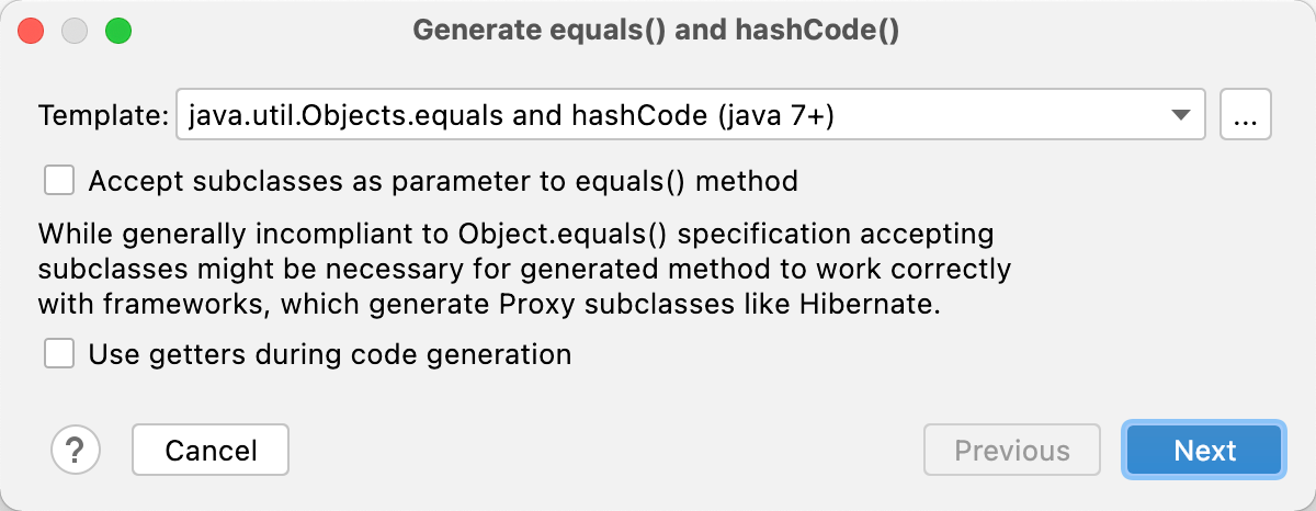 Generate equals() and hashCode() dialog