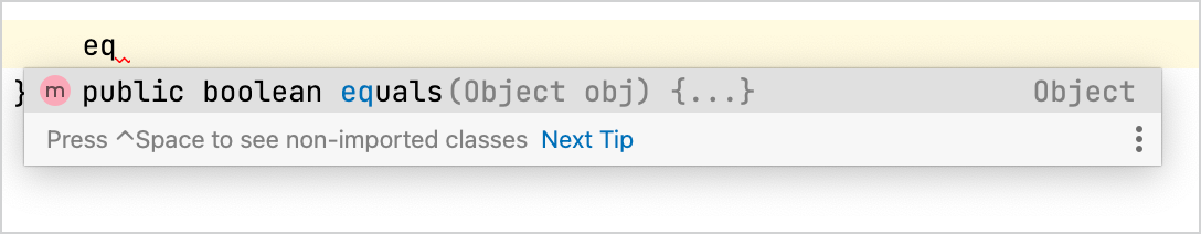 The code completion popup suggesting to generate equals()
