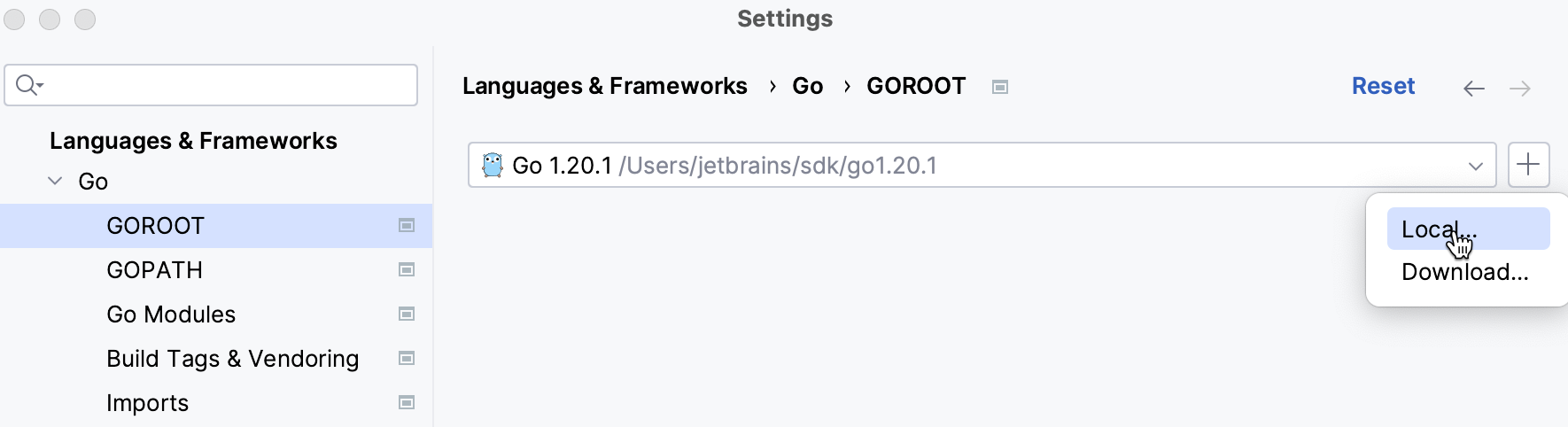 Select a local copy of Go SDK