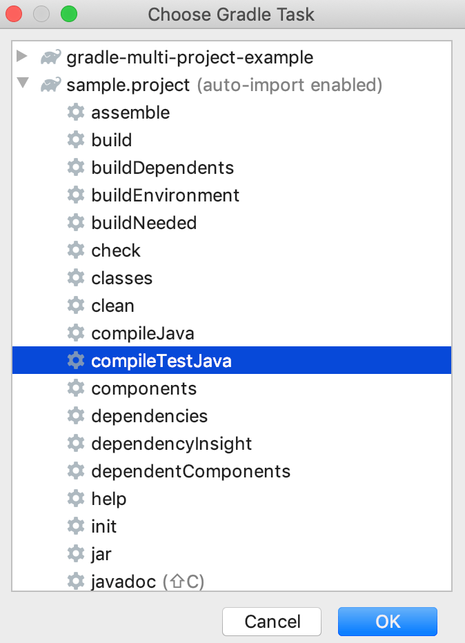 Choose Gradle task dialog