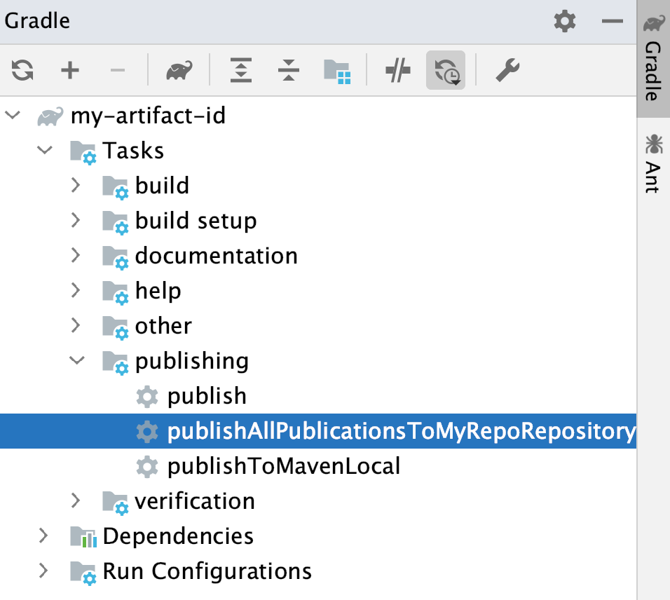 the Gradle tool window: publish task