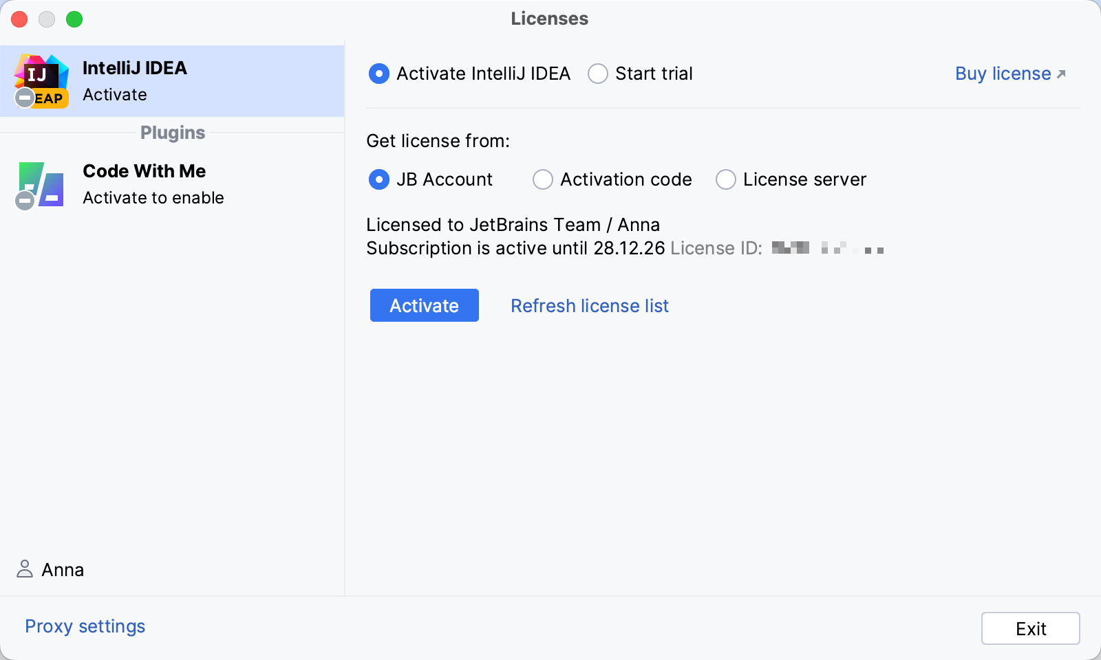 Activate IntelliJ IDEA license with a JetBrains Account