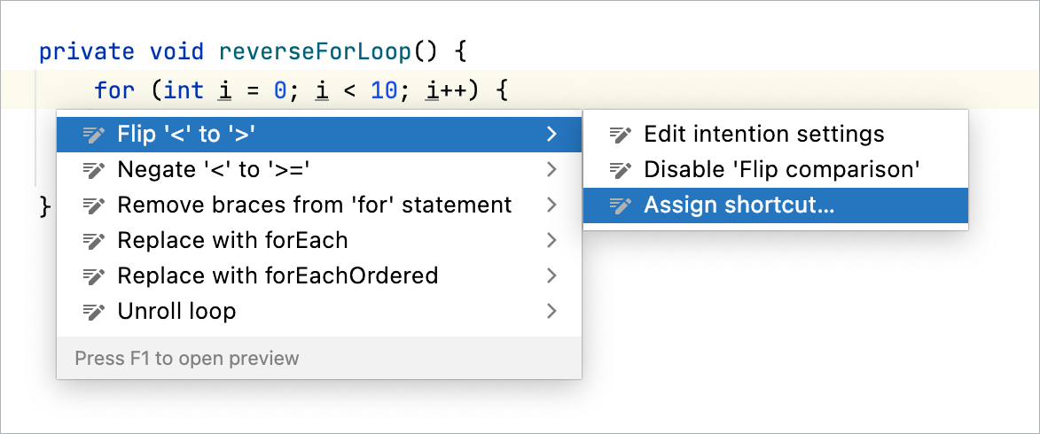 Assigning keyboard shortcut to intention action