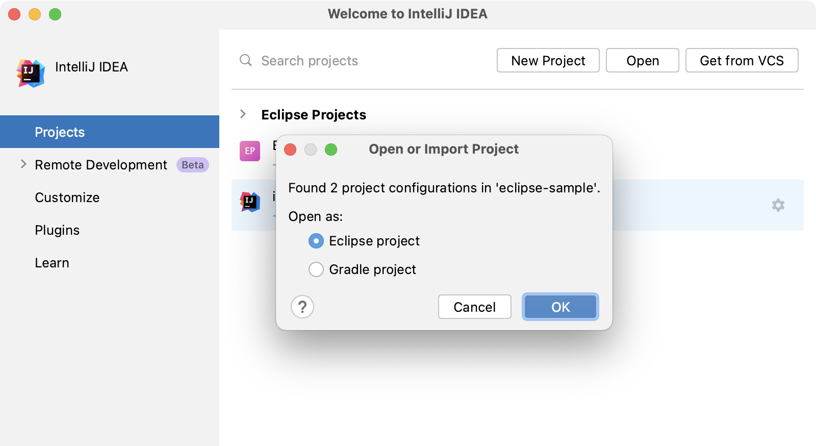 Dialog that prompts you to select how you want to import the project