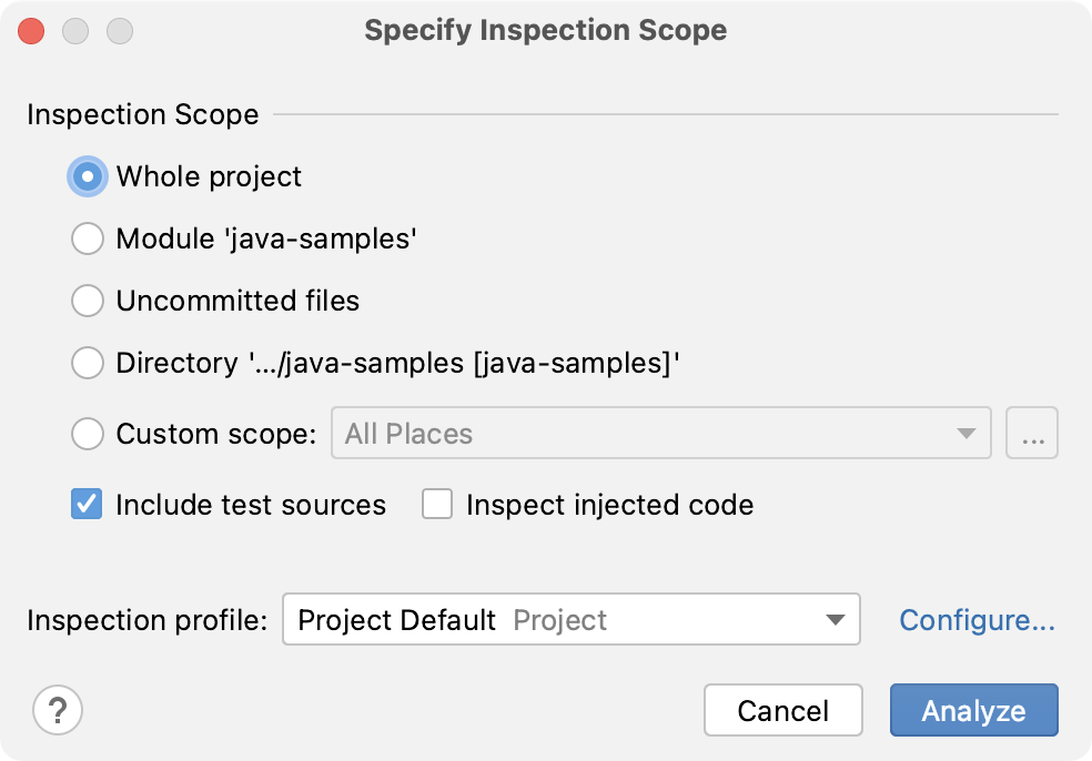 The Specify Inspection Scope dialog