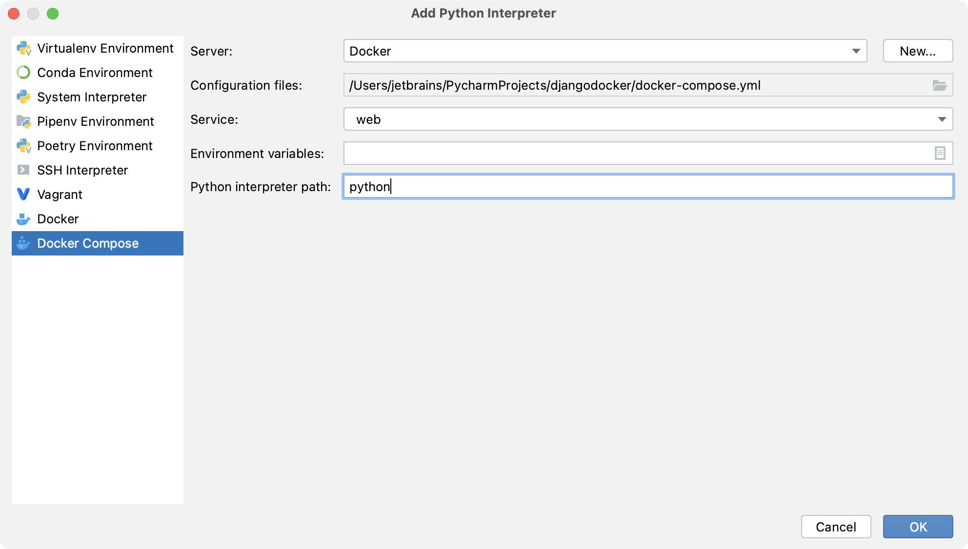 Configuring a Python interpreter using Docker Compose