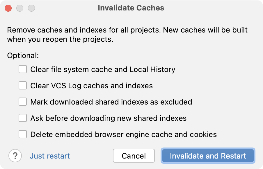 the Invalidate Cache dialog