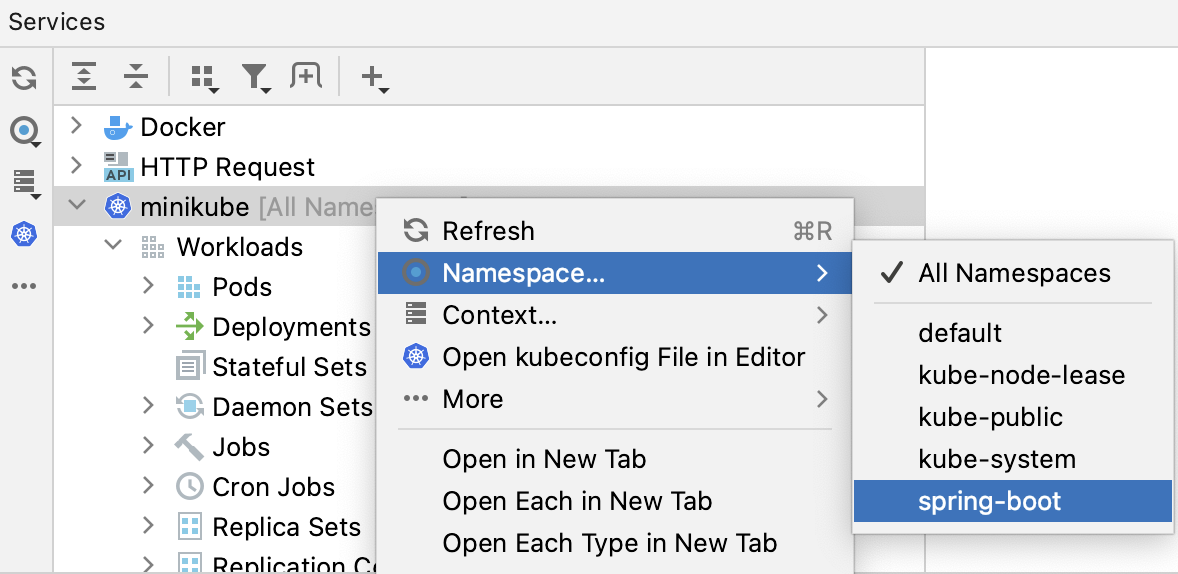 Namespaces context menu