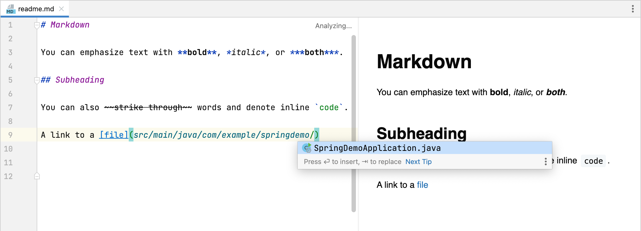 Markdown editor completion popup