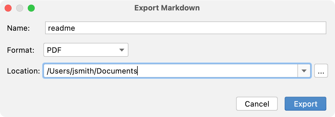 The Markdown Export dialog