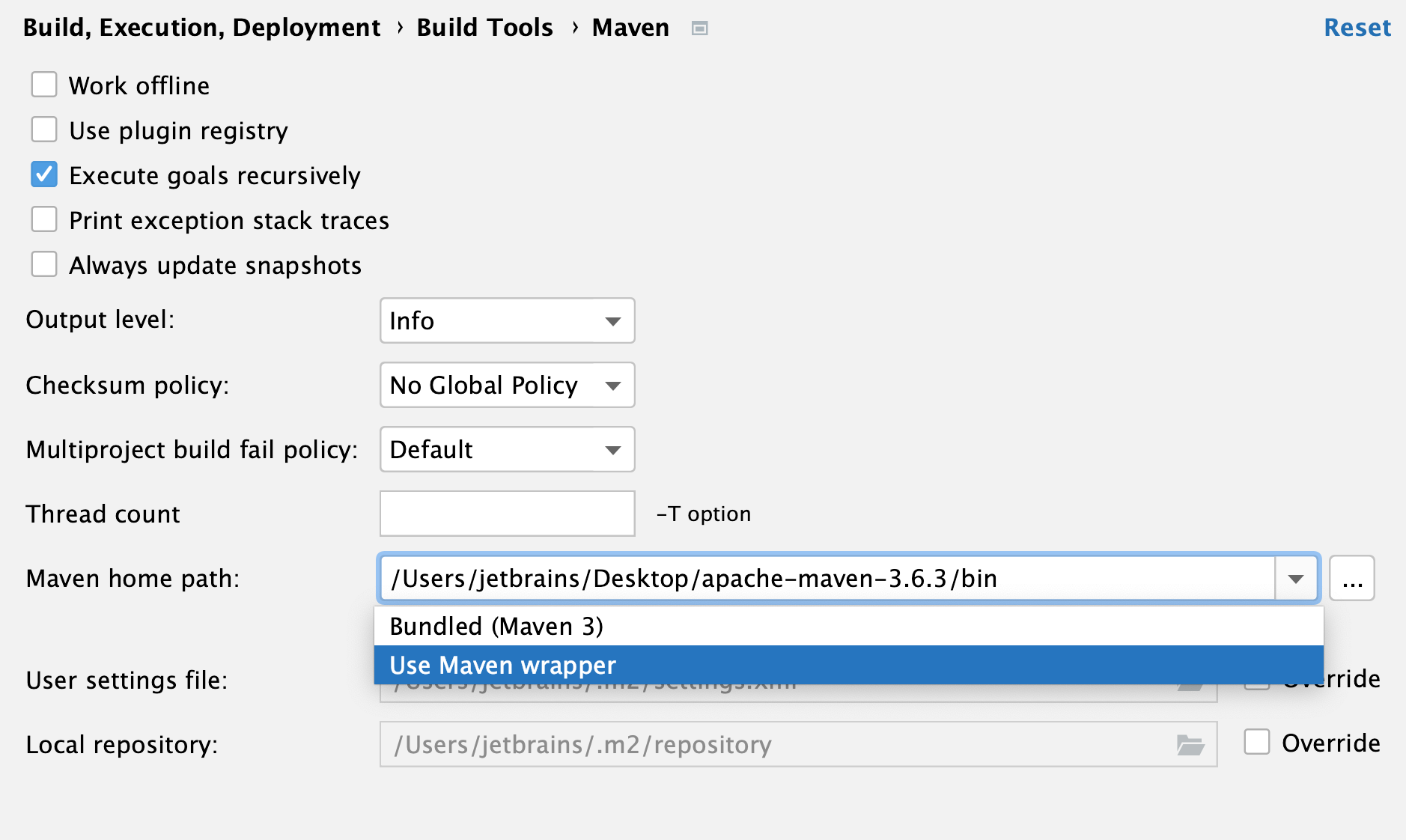 the Maven settings: Maven home directory