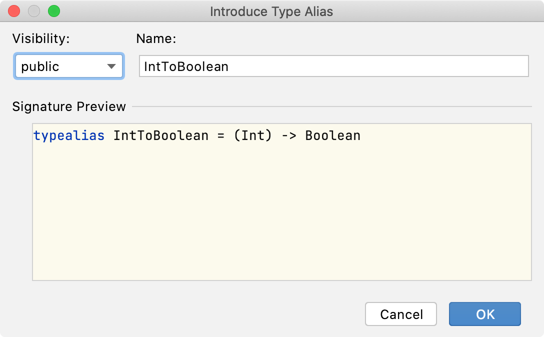 the Introduce Type Alias dialog