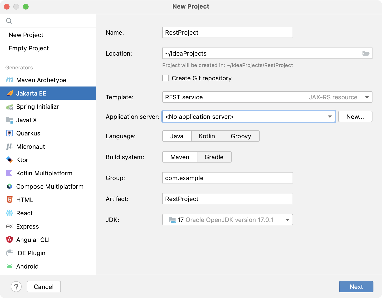 Creating new project with REST support