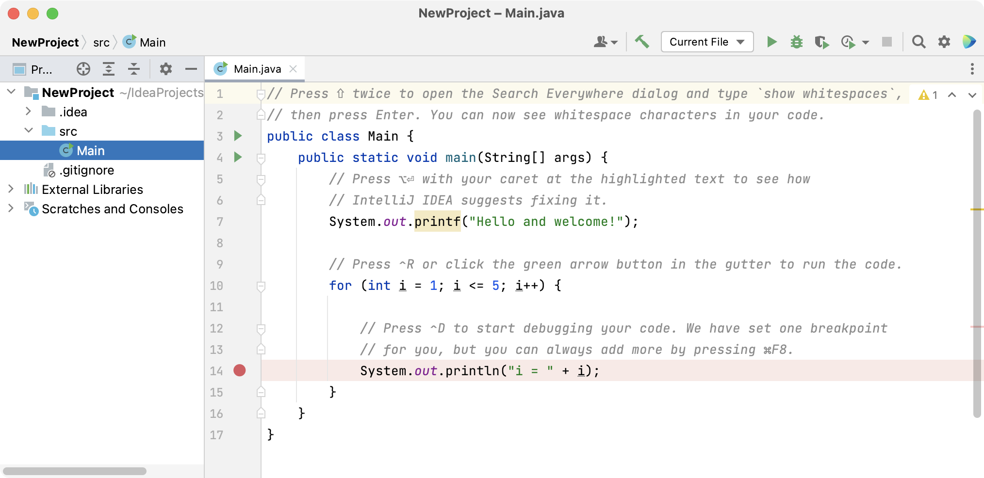 New Java project with onboarding tips in the editor