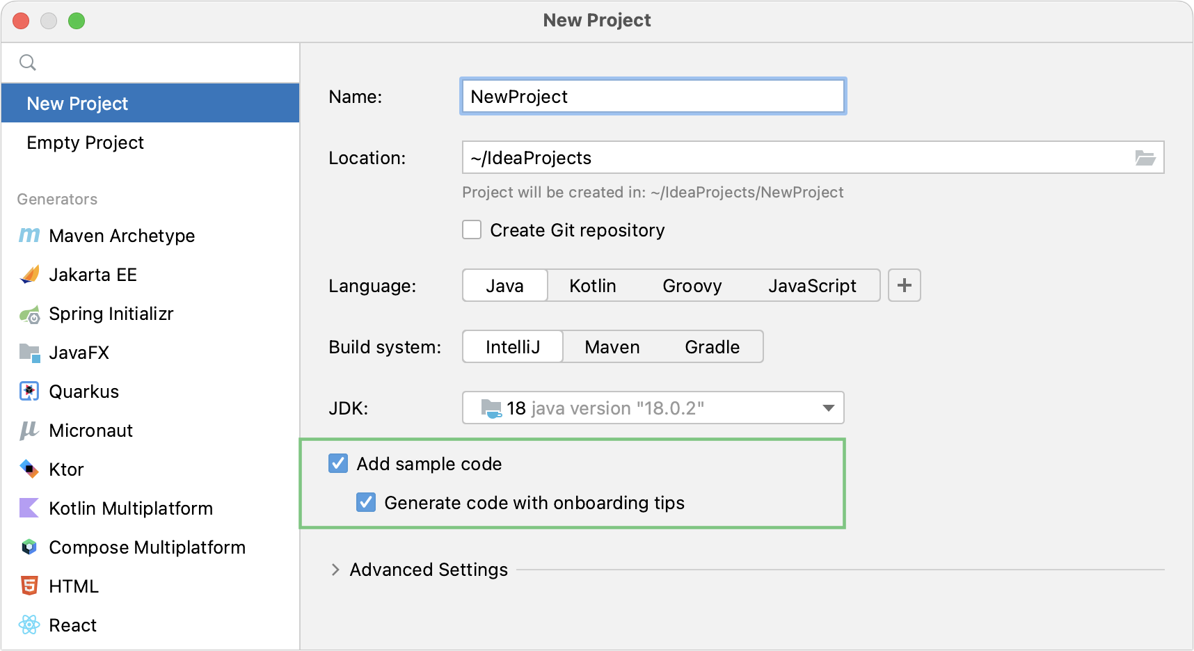 New Java project with onboarding tips in the editor
