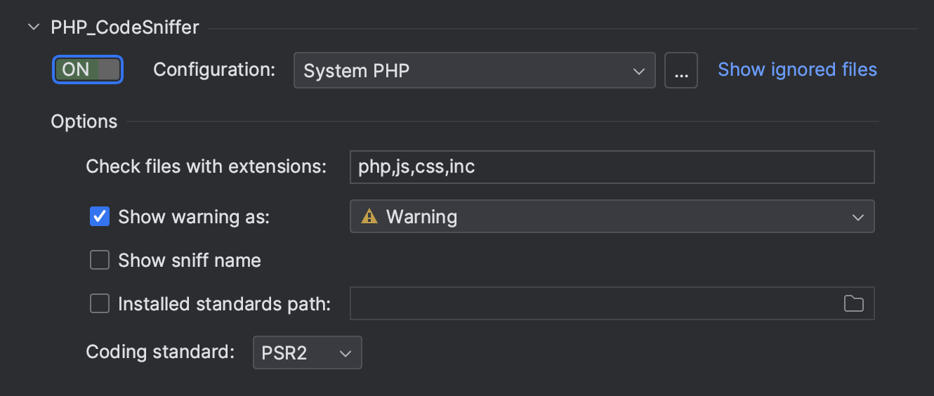 PHP_CodeSniffer settings